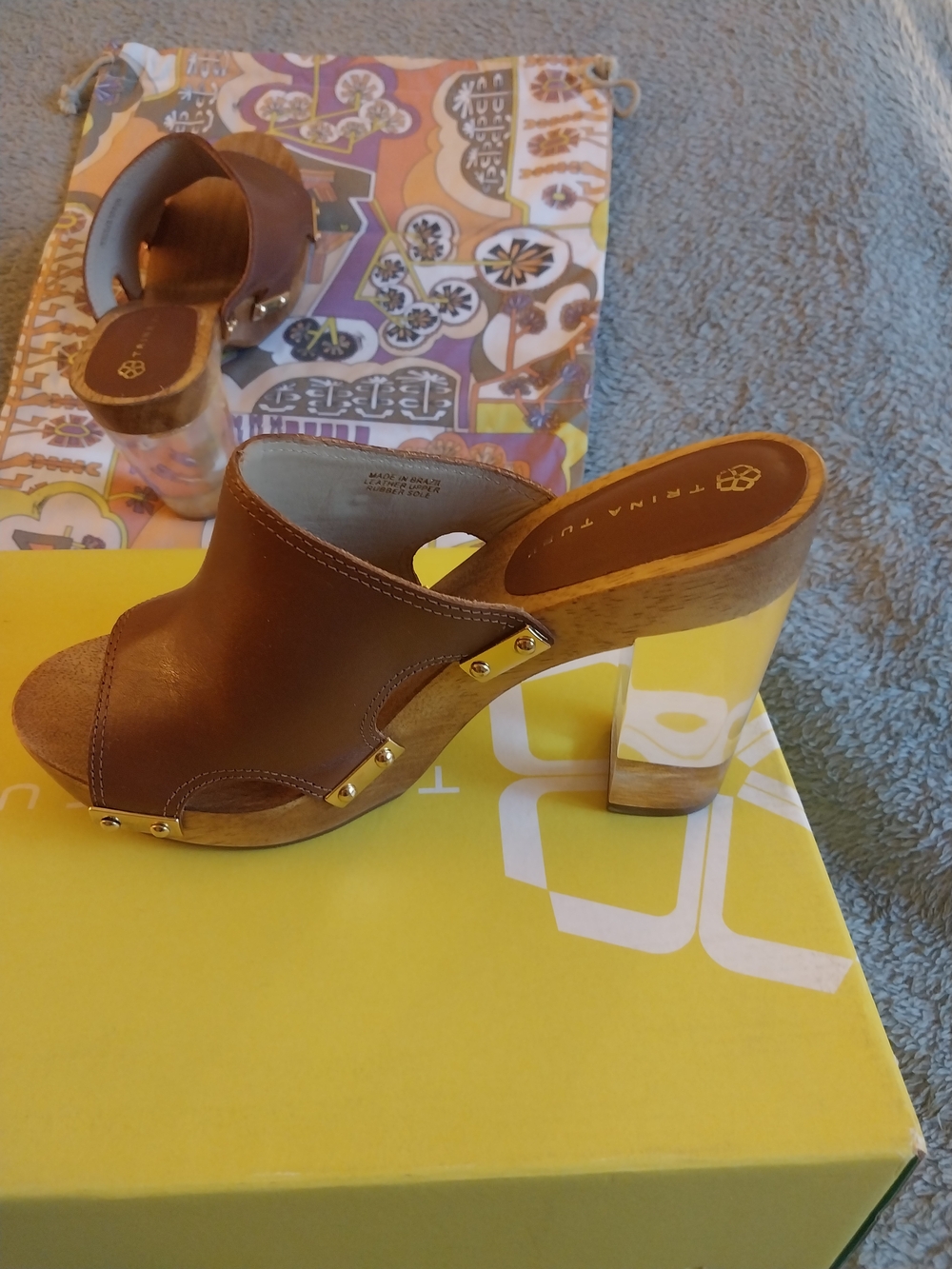 Trina Turk Brown Leather Open-Toe Clog Heels